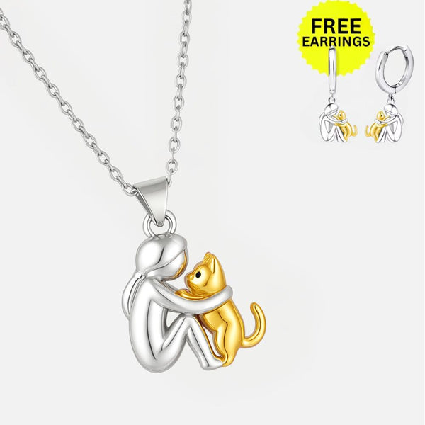 Cat Hug Pendant Necklace + Earrings