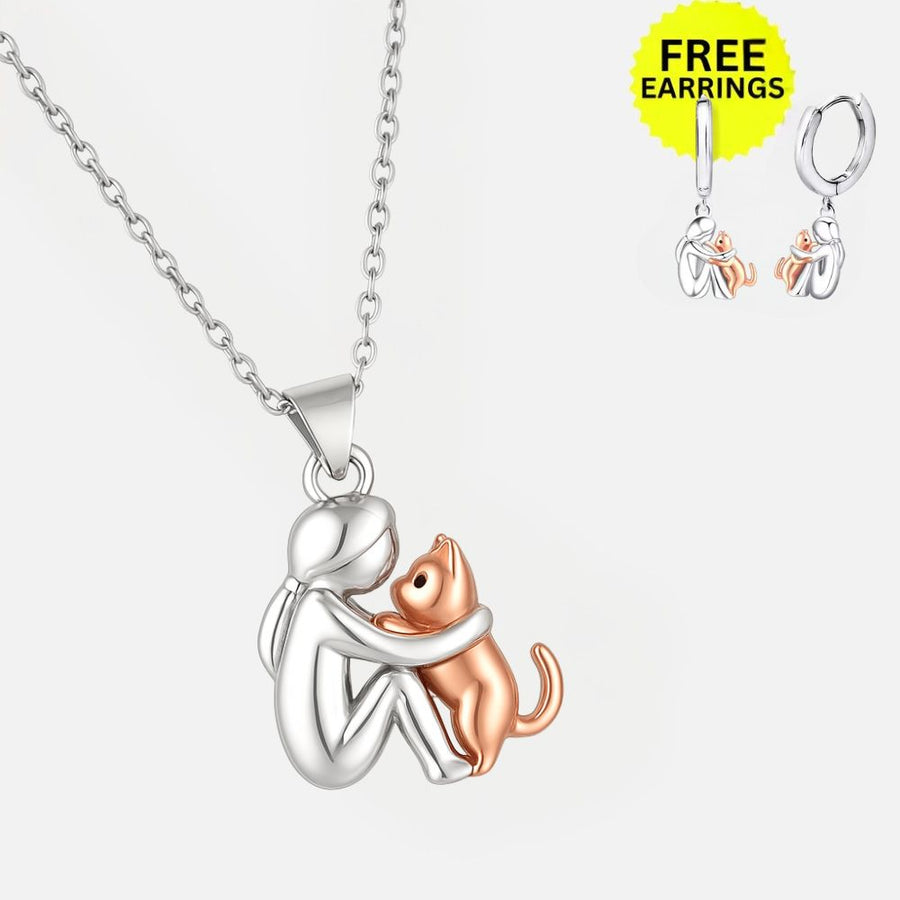 Cat Hug Pendant Necklace + Earrings