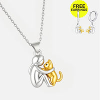 Cat Hug Pendant Necklace + Earrings
