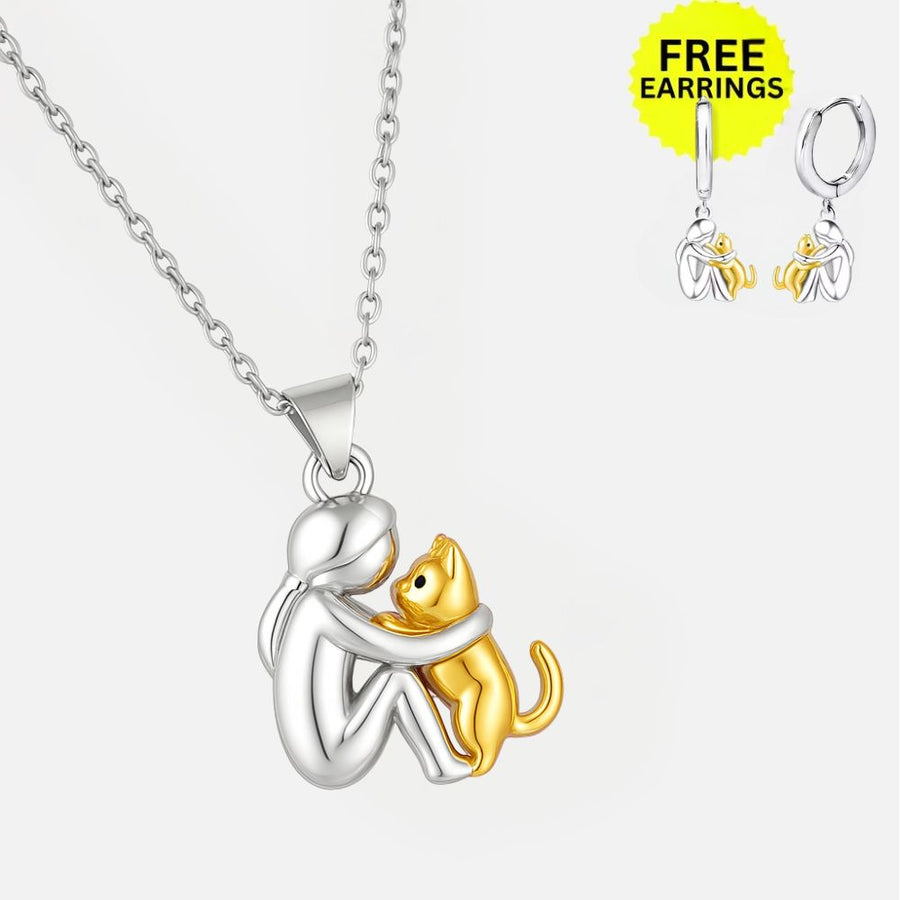 Cat Hug Pendant Necklace + Earrings
