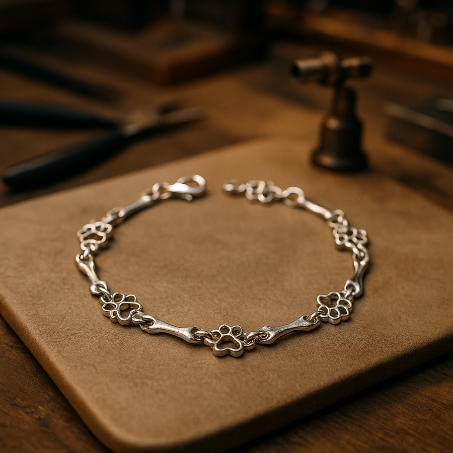 Silver Dog Paw and Bone Charms Bracelet