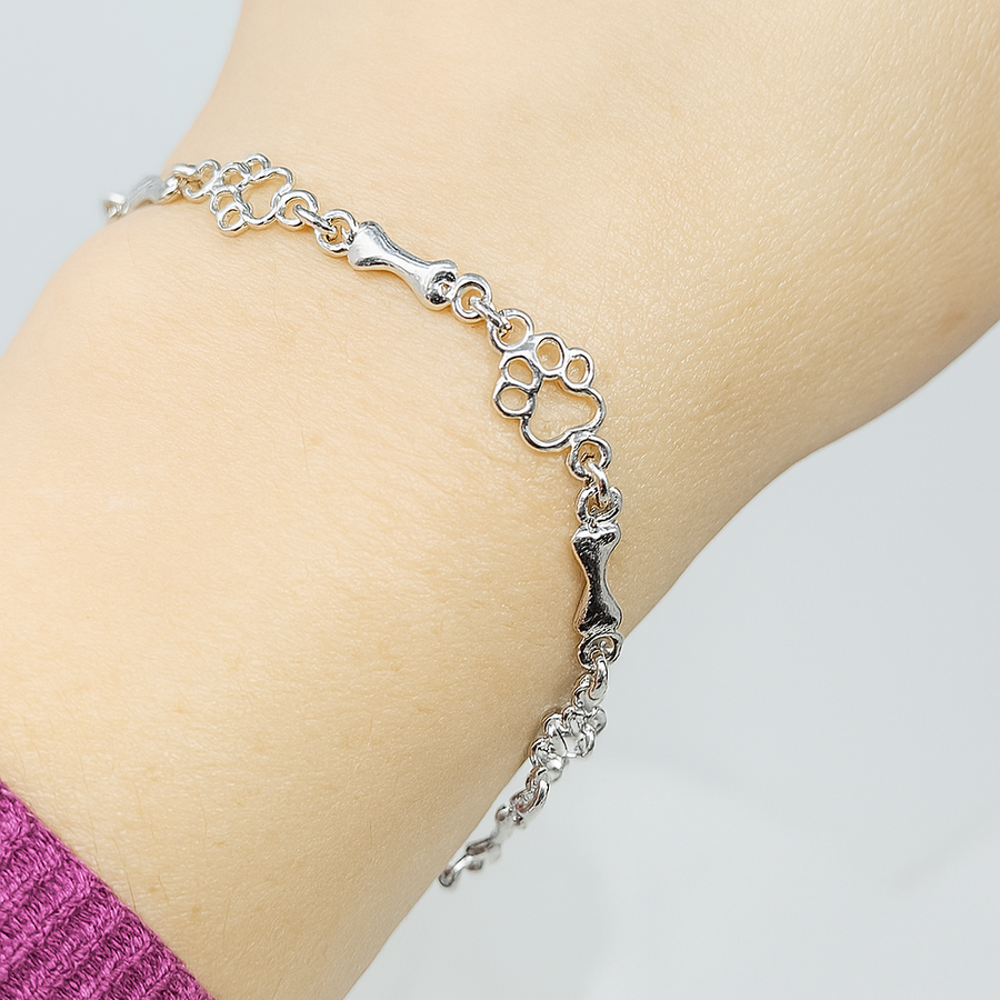 Silver Dog Paw and Bone Charms Bracelet