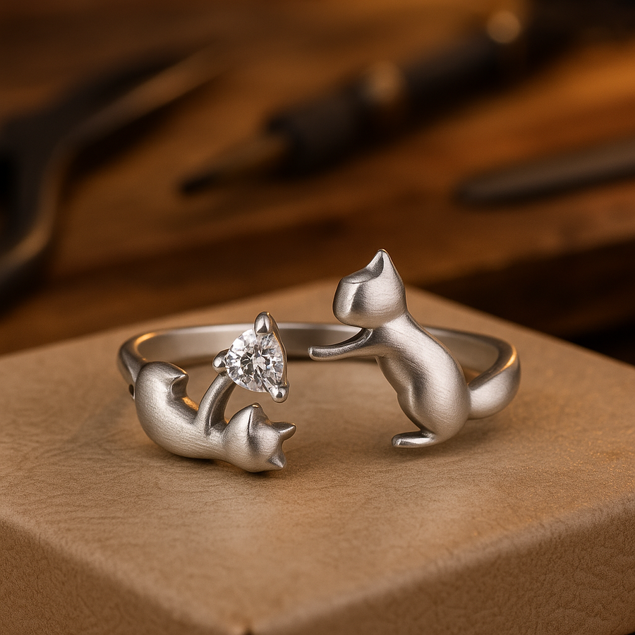 Silver Cat Adjustable Ring with Zirconia