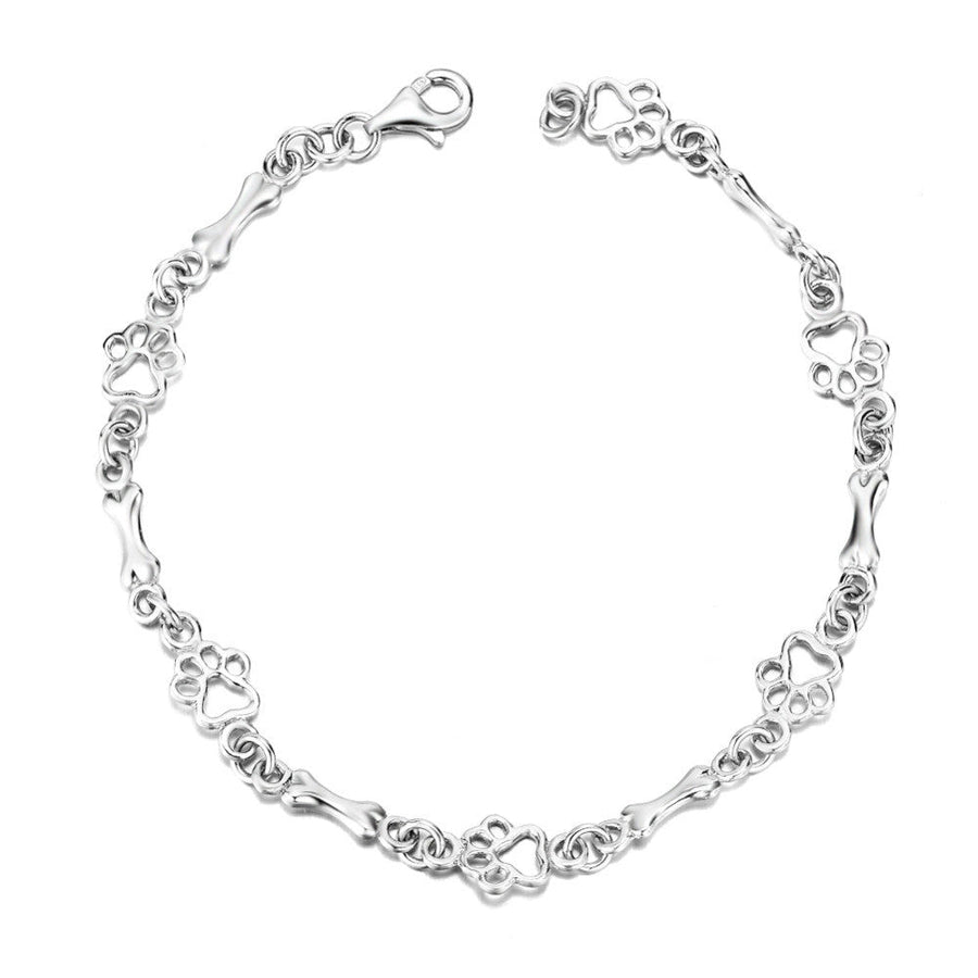 Silver Dog Paw and Bone Charms Bracelet