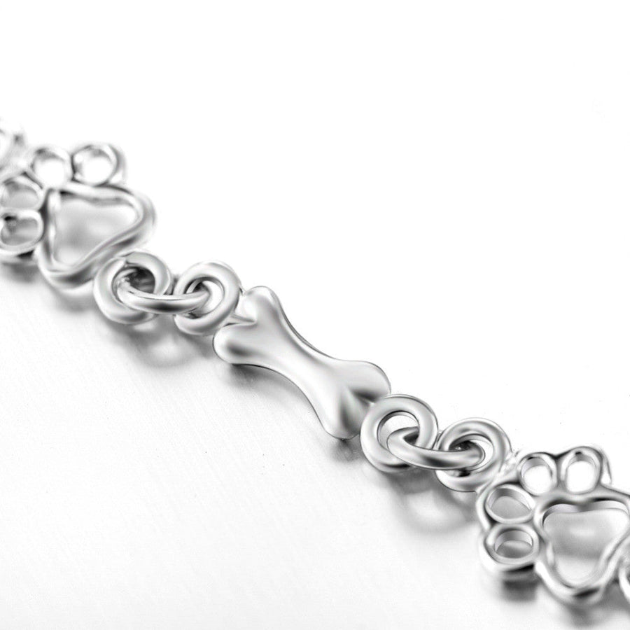 Silver Dog Paw and Bone Charms Bracelet