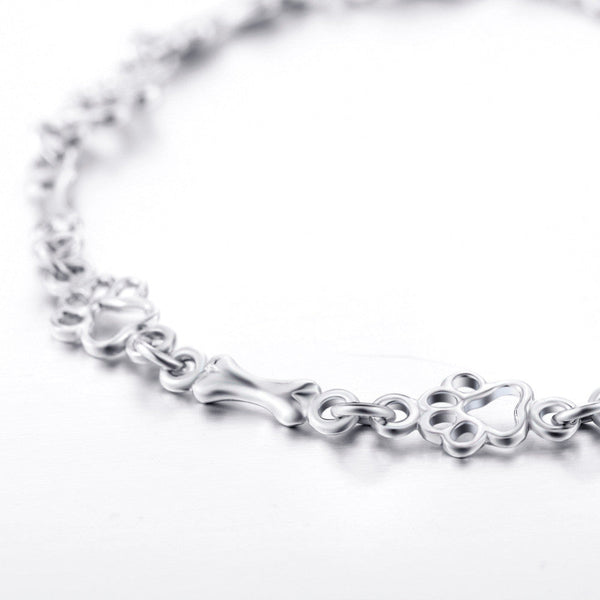 Silver Dog Paw and Bone Charms Bracelet