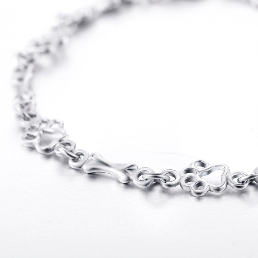 Silver Dog Paw and Bone Charms Bracelet