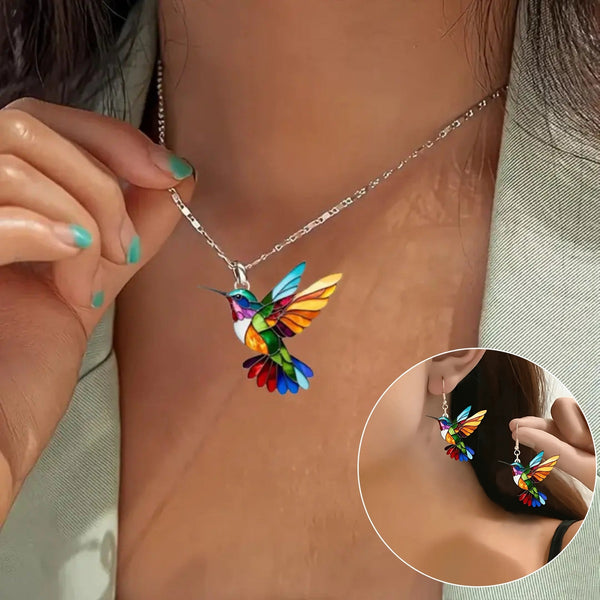 Colorful Hummingbird Necklace + Earrings