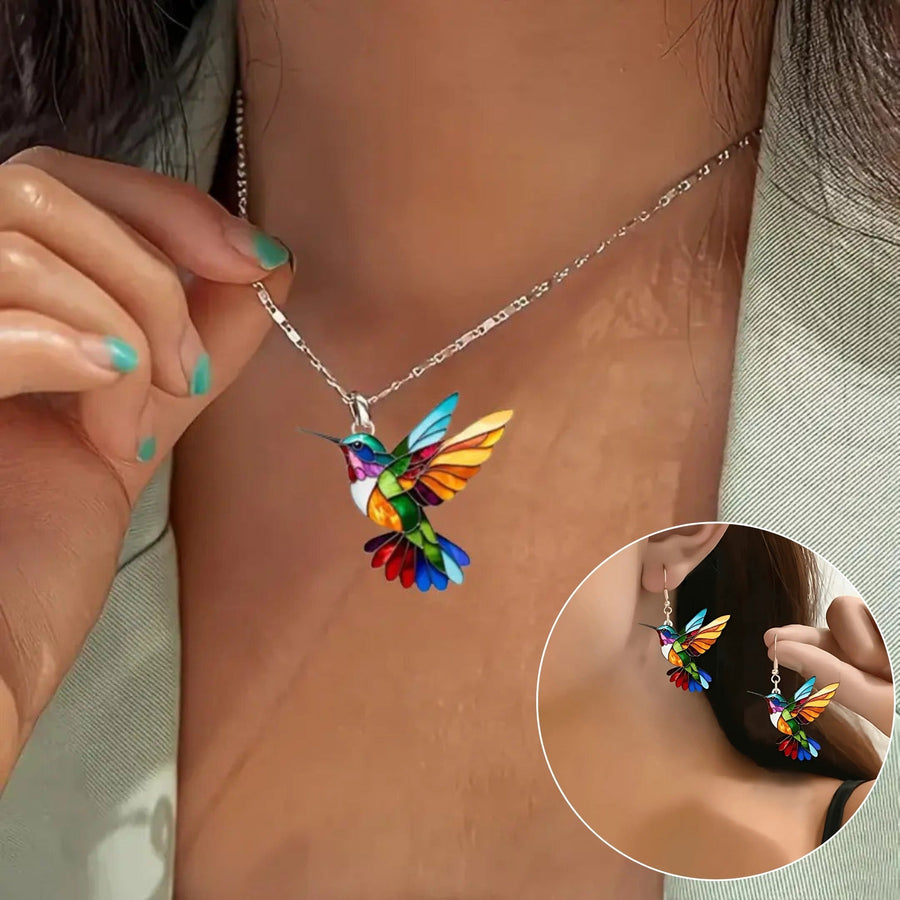 Colorful Hummingbird Necklace + Earrings