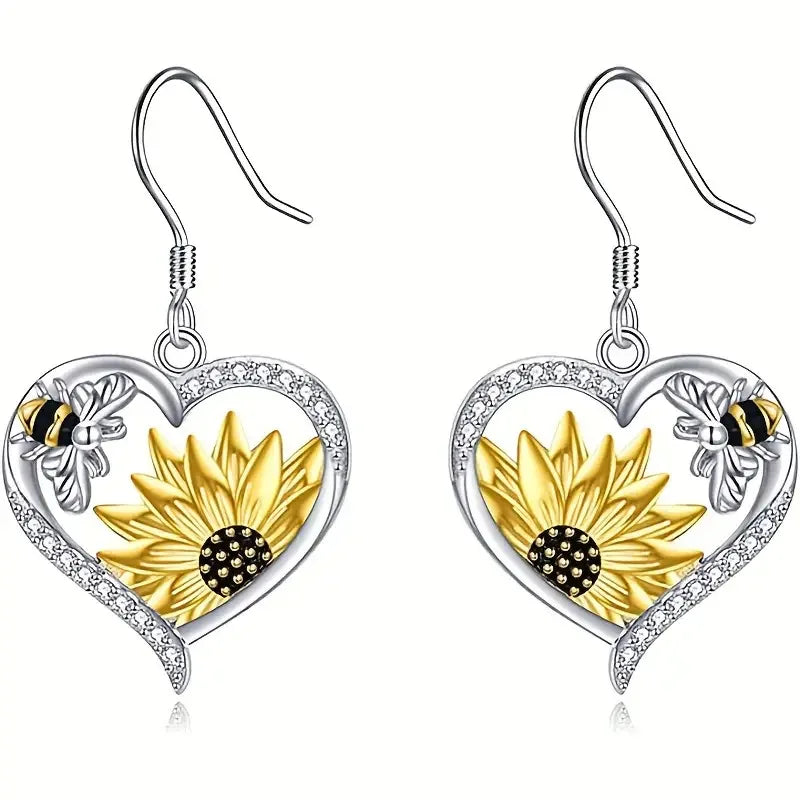 Boho Sunflower & Bee Dangle Earrings