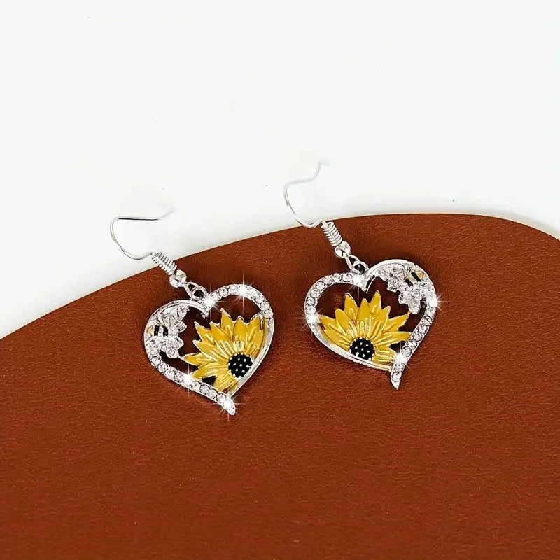 Boho Sunflower & Bee Dangle Earrings