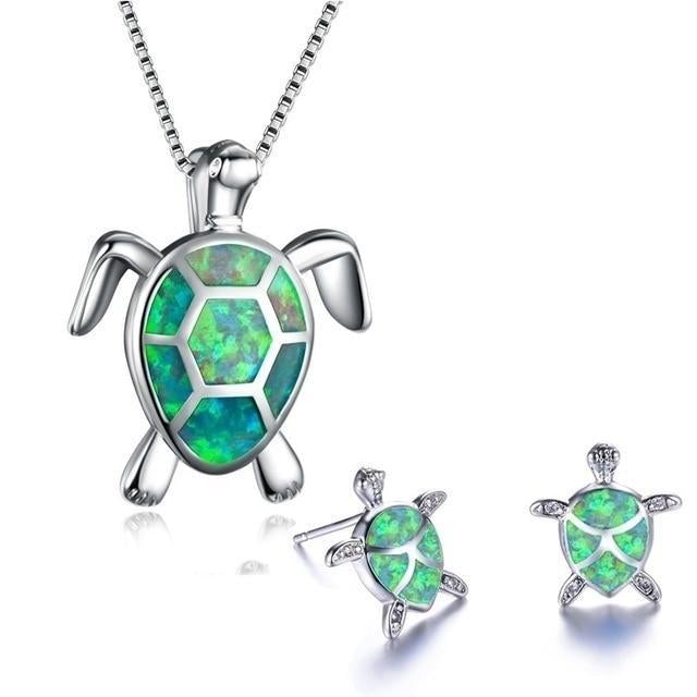 Sea Turtle Necklace + Earrings Set